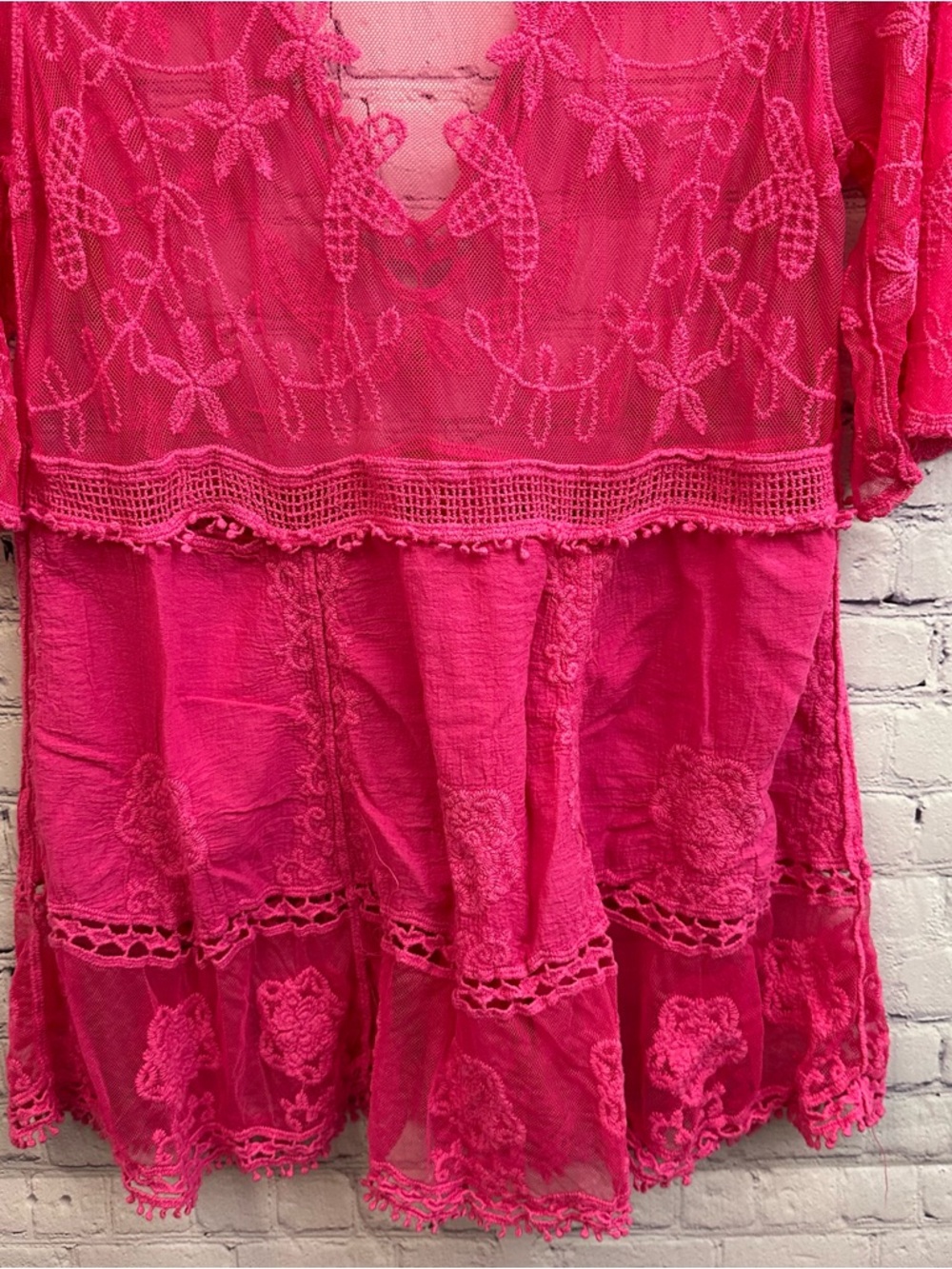 Women’s Sheer Lace V-Neck Swim Coverup Hot Pink Vacation Cruise One Size - Picture 5 of 9